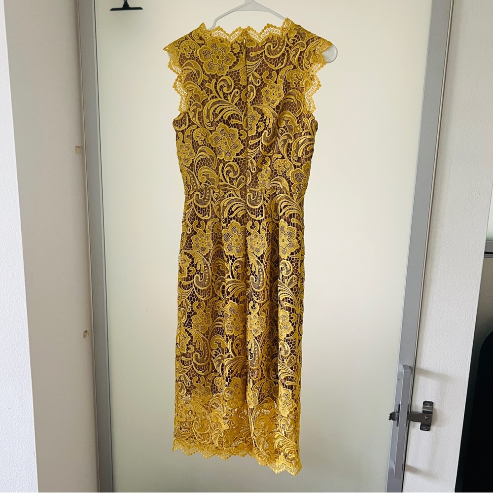 Dress the Population Claudette Crochet‎ Lace Sheath Dress in Canary/ Nude - Picture 3 of 9